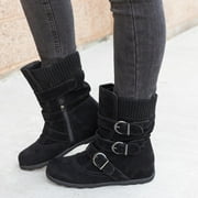 Rewenti Women Suede Round Toe Zipper Flat Pure Color Buckle Strap Keep Warm Snow Boots Black 6.5-7(37)